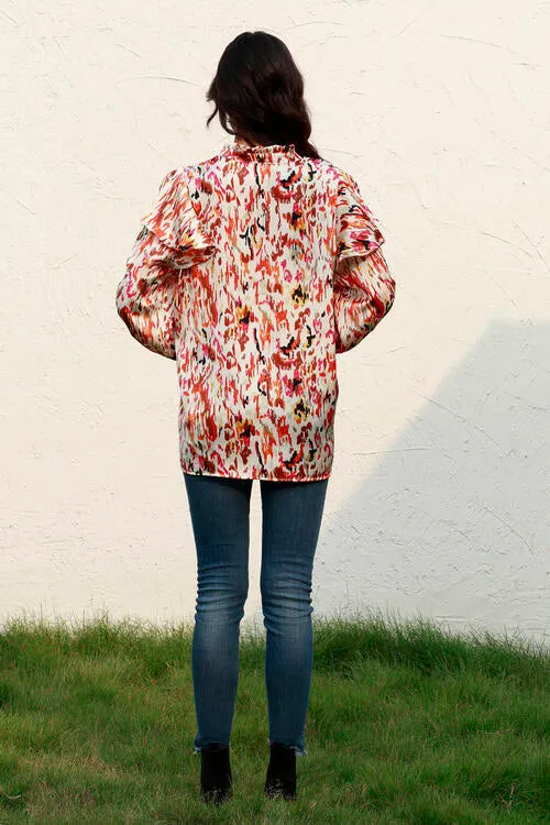 Printed Nochted Neck Ruffled Blouse