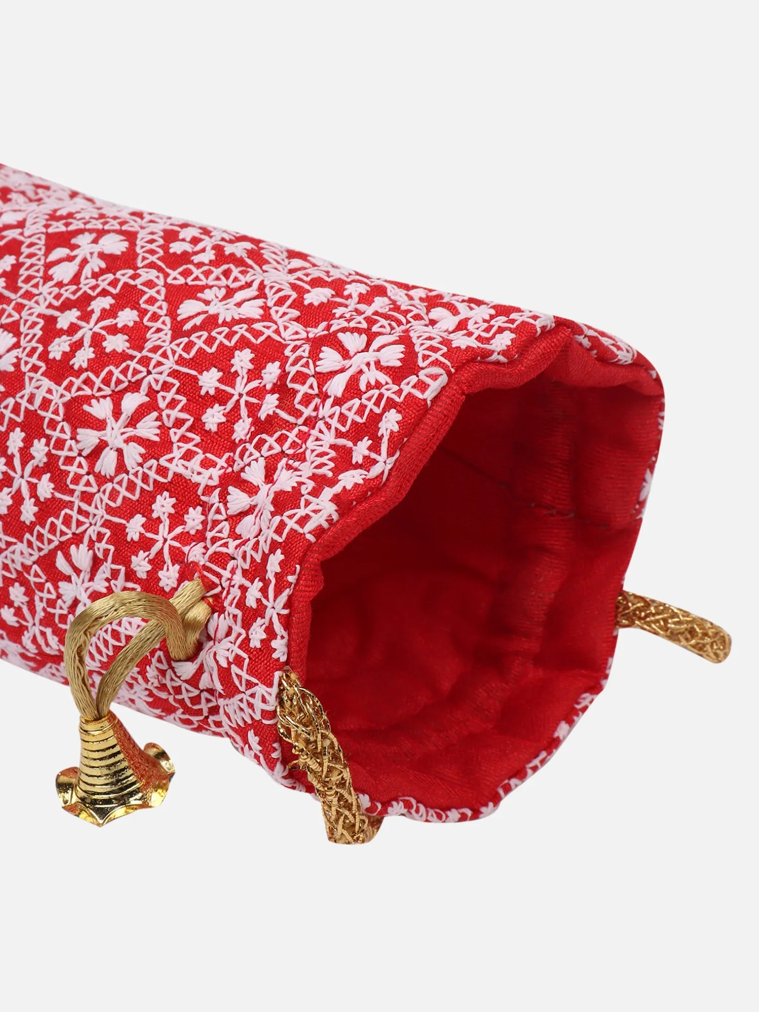 Red Potli Bag With White Chikan Embroidery