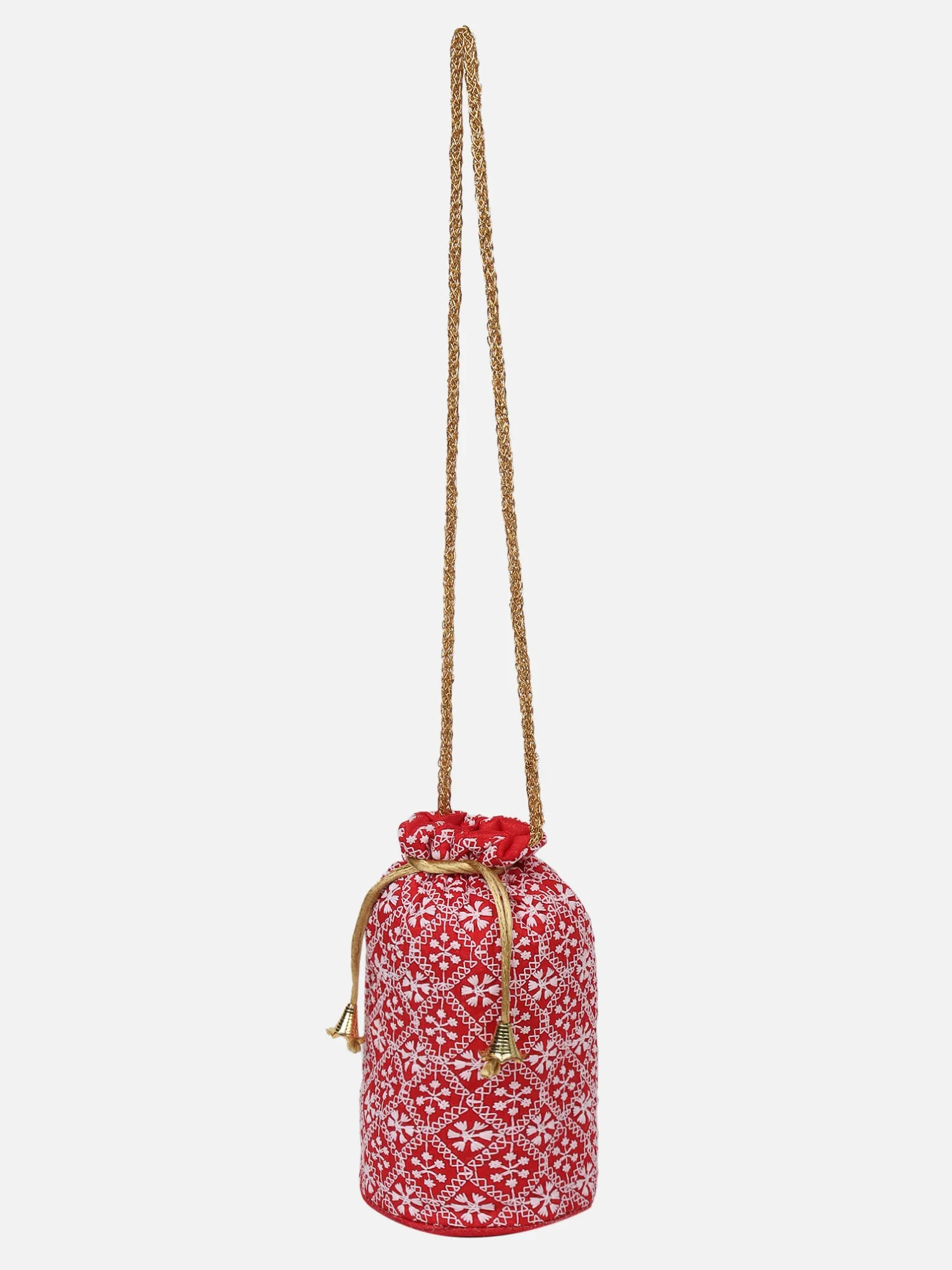 Red Potli Bag With White Chikan Embroidery