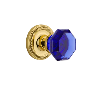 Rope Rosette with Cobalt Waldorf Knob in Polished Brass