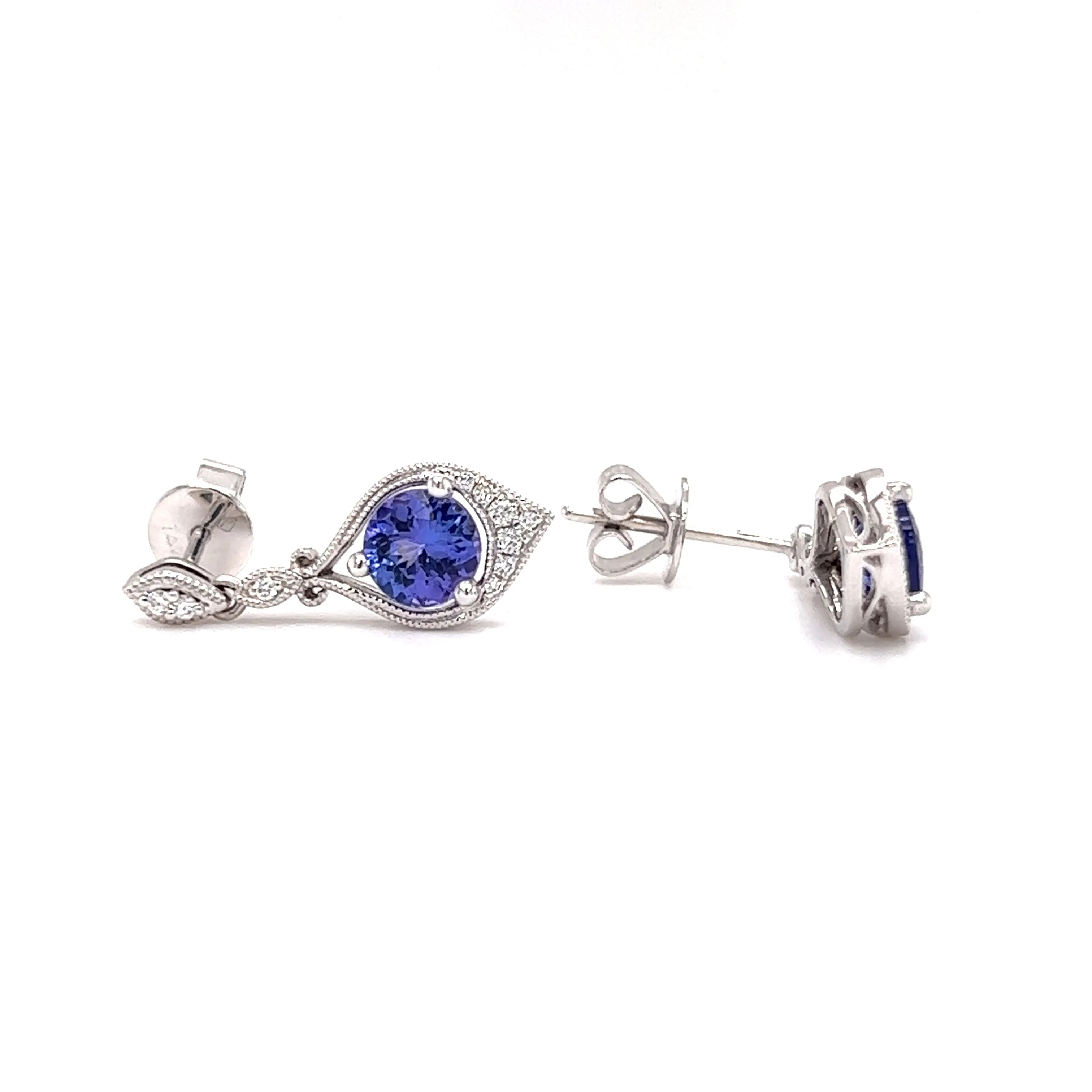 Round Tanzanite Drop Earrings with Twenty Diamonds in 14K White Gold