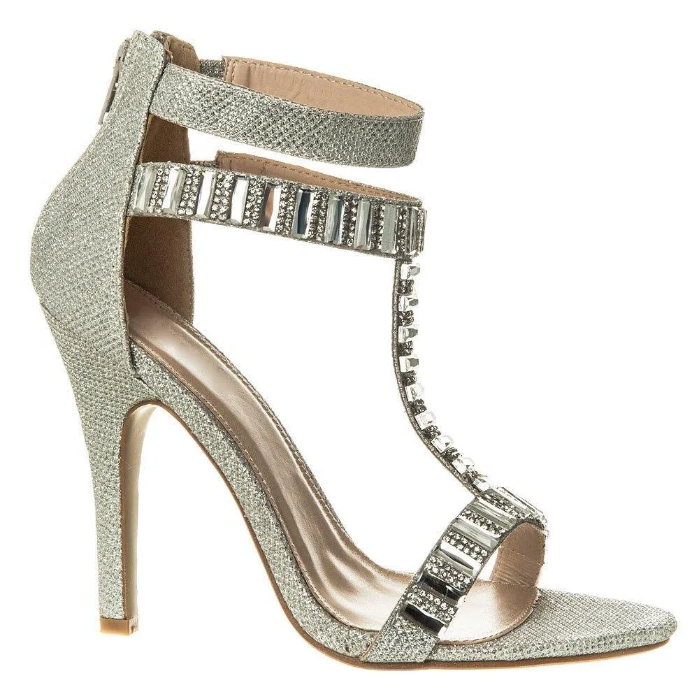 Sharon High Heel T-Bar Ankle Strap Jeweled And Diamante Sandal