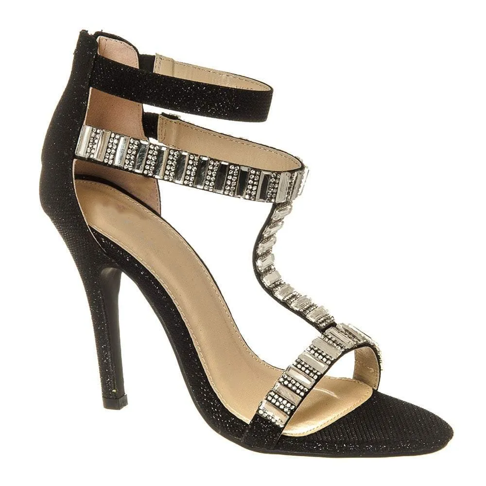 Sharon High Heel T-Bar Ankle Strap Jeweled And Diamante Sandal