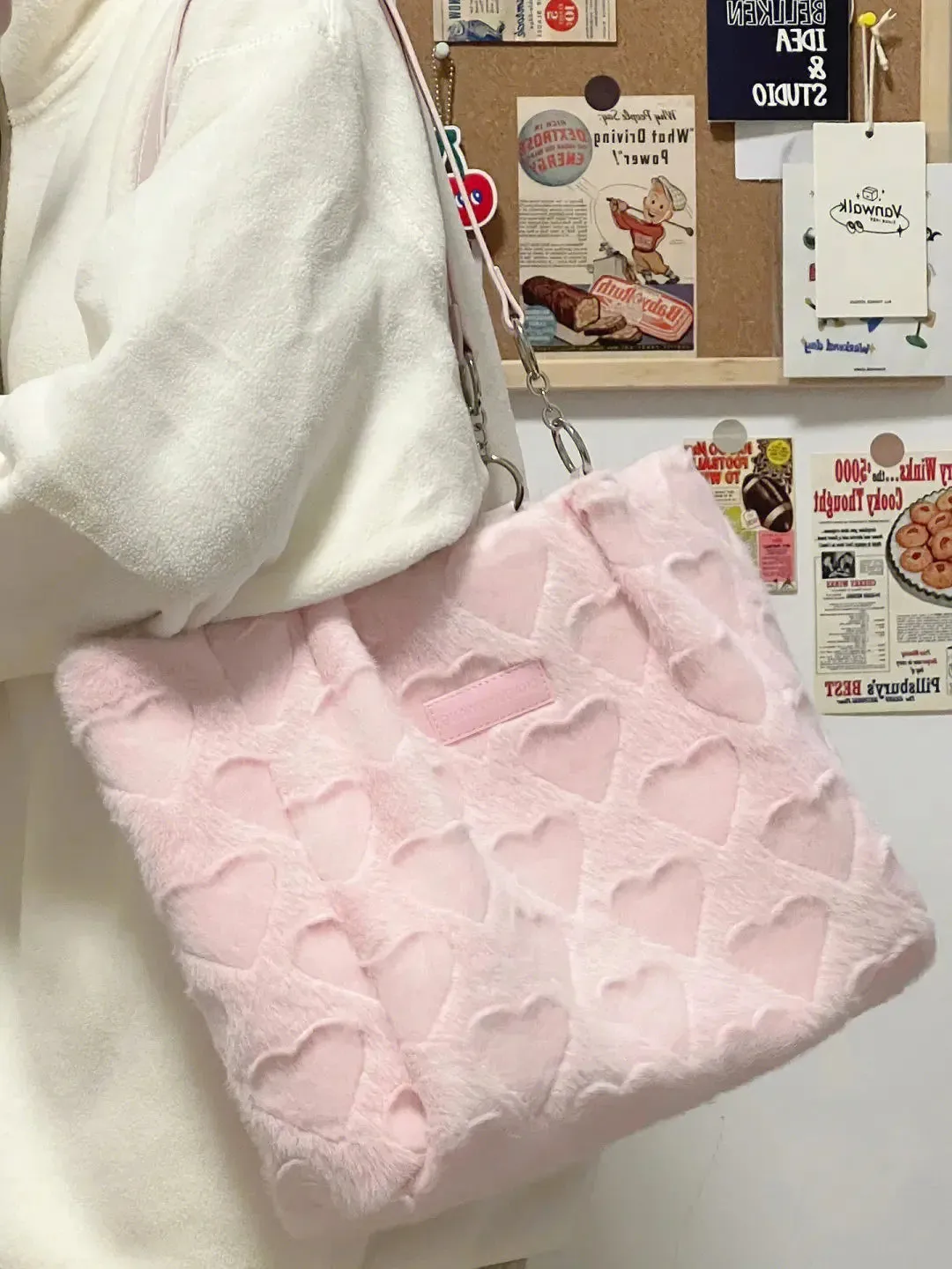 Soft Plush Heart-Patterned Tote in Pastel Pink