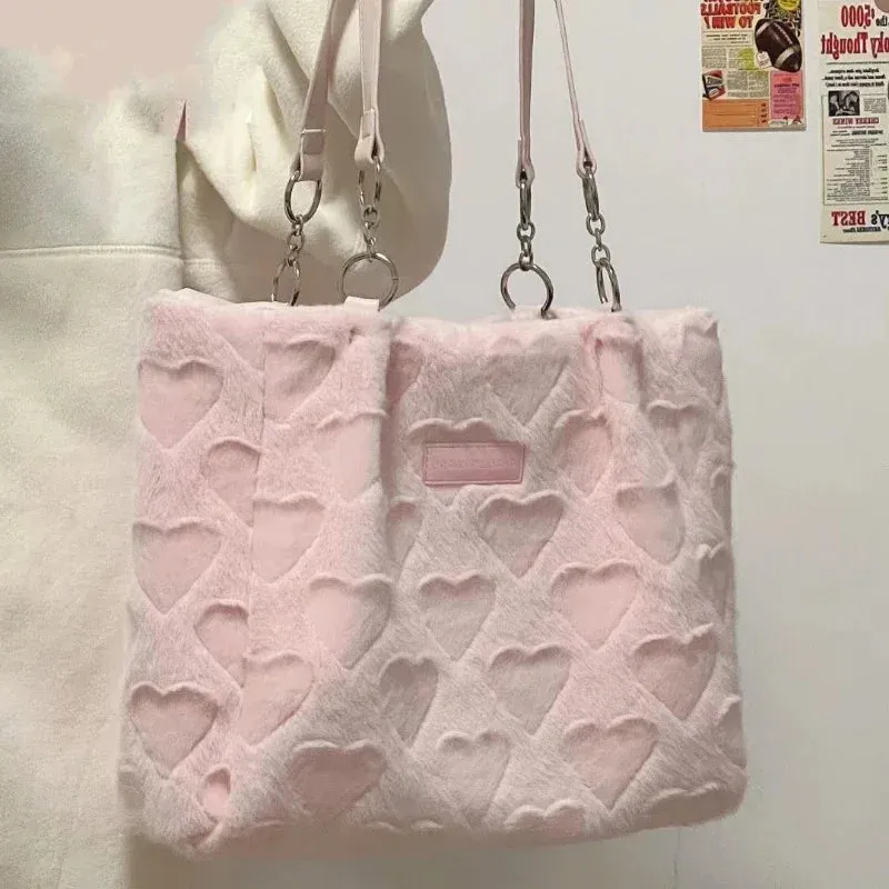 Soft Plush Heart-Patterned Tote in Pastel Pink