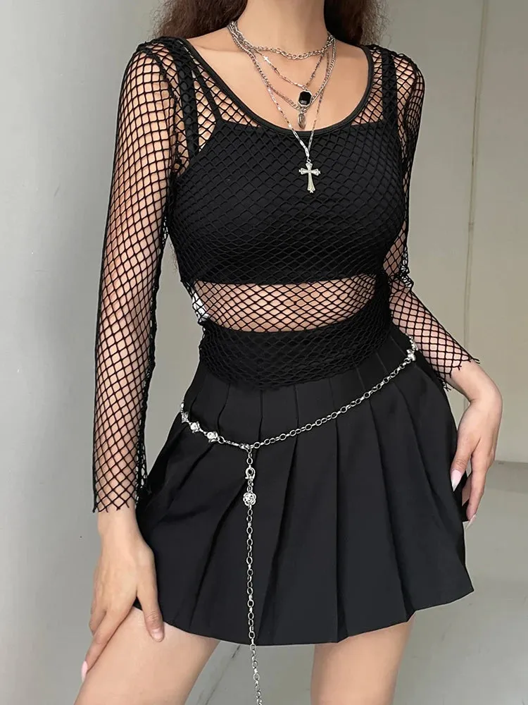 Streetwear Off Shoulder Fishnet Top Cropped Casual Sexy Summer T-shirts Women Gothic Clothes Hollow Out Tee Clothing