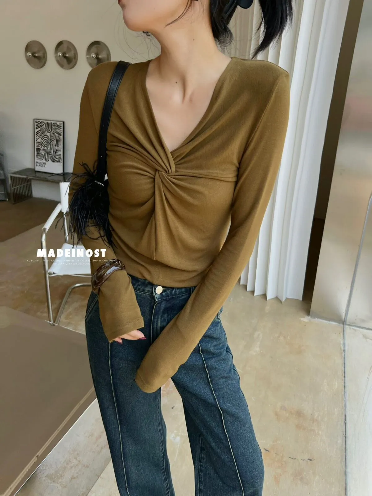 Twist Front Slim T Shirt For Women V Neck Long Sleeve Ruched Solid Minimalist Knitting T Shirts Female Clothing