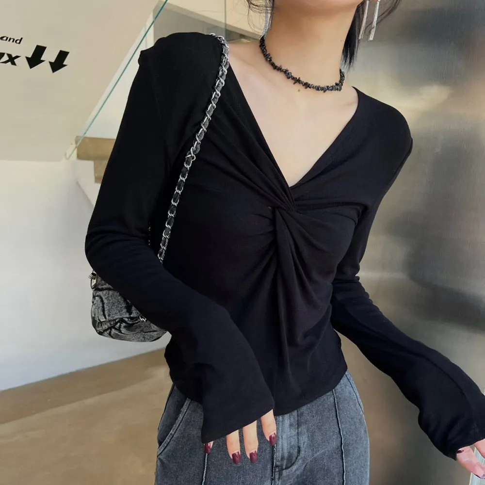 Twist Front Slim T Shirt For Women V Neck Long Sleeve Ruched Solid Minimalist Knitting T Shirts Female Clothing