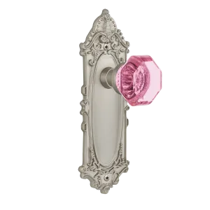 Victorian Long Plate with Pink Waldorf Knob in Satin Nickel