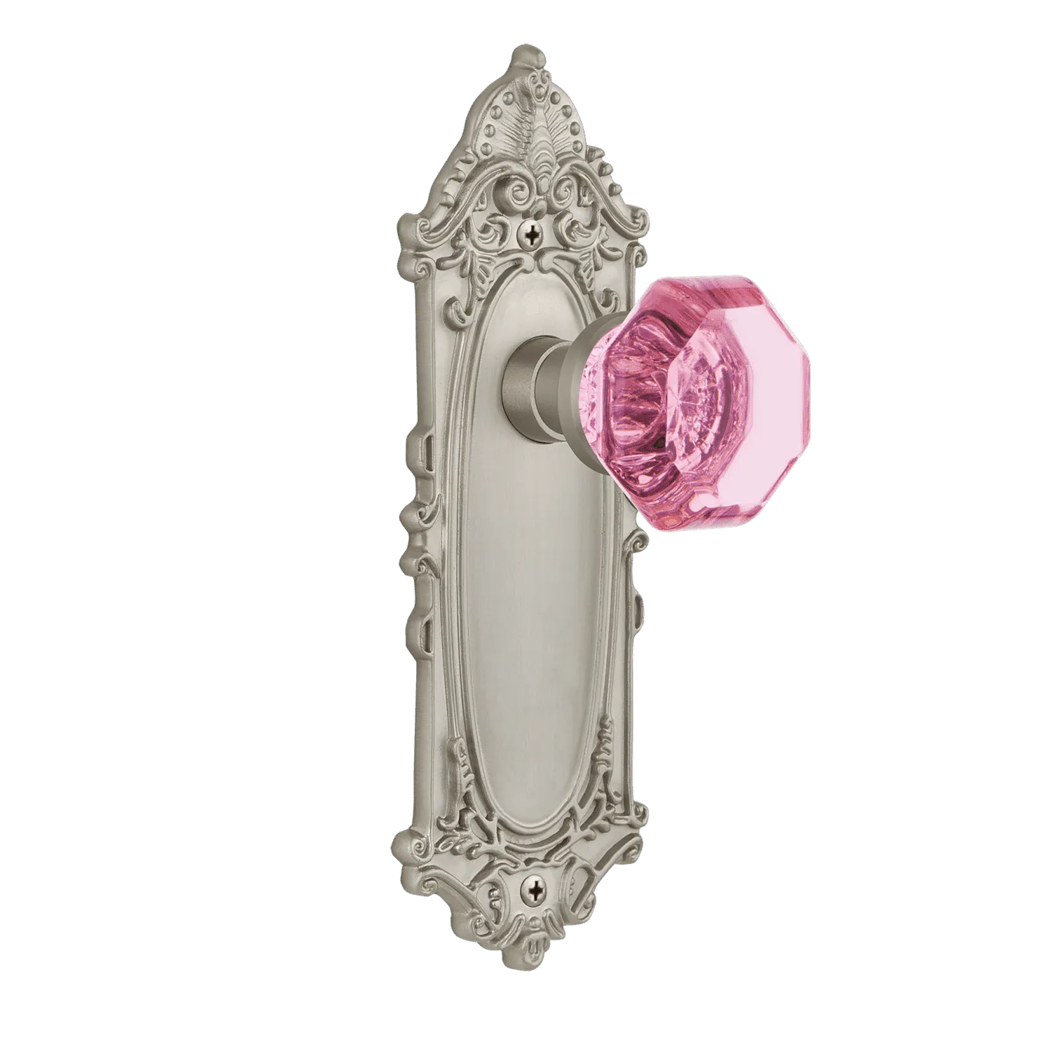 Victorian Long Plate with Pink Waldorf Knob in Satin Nickel