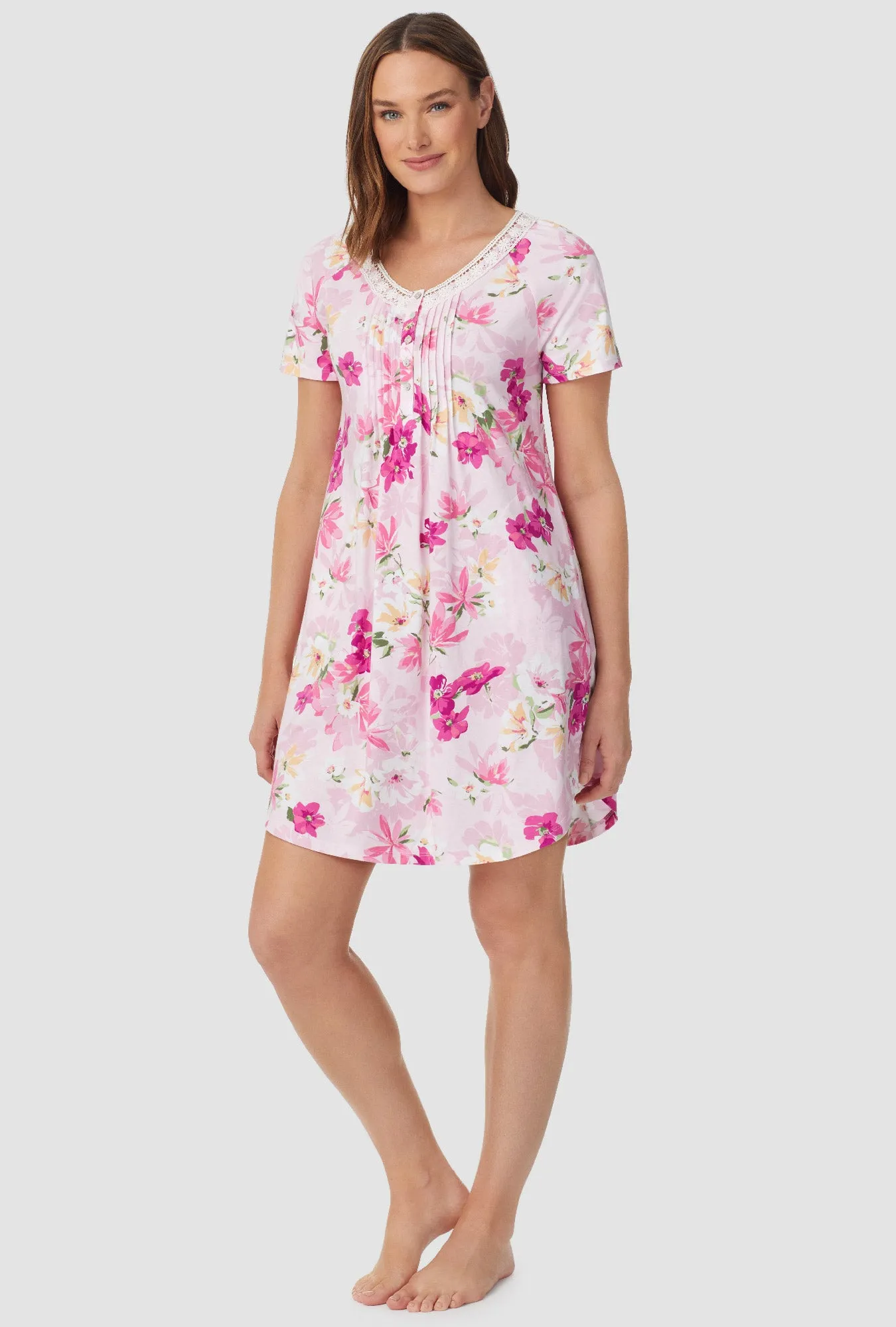 White and Magenta Floral Short Sleeve Nightshirt