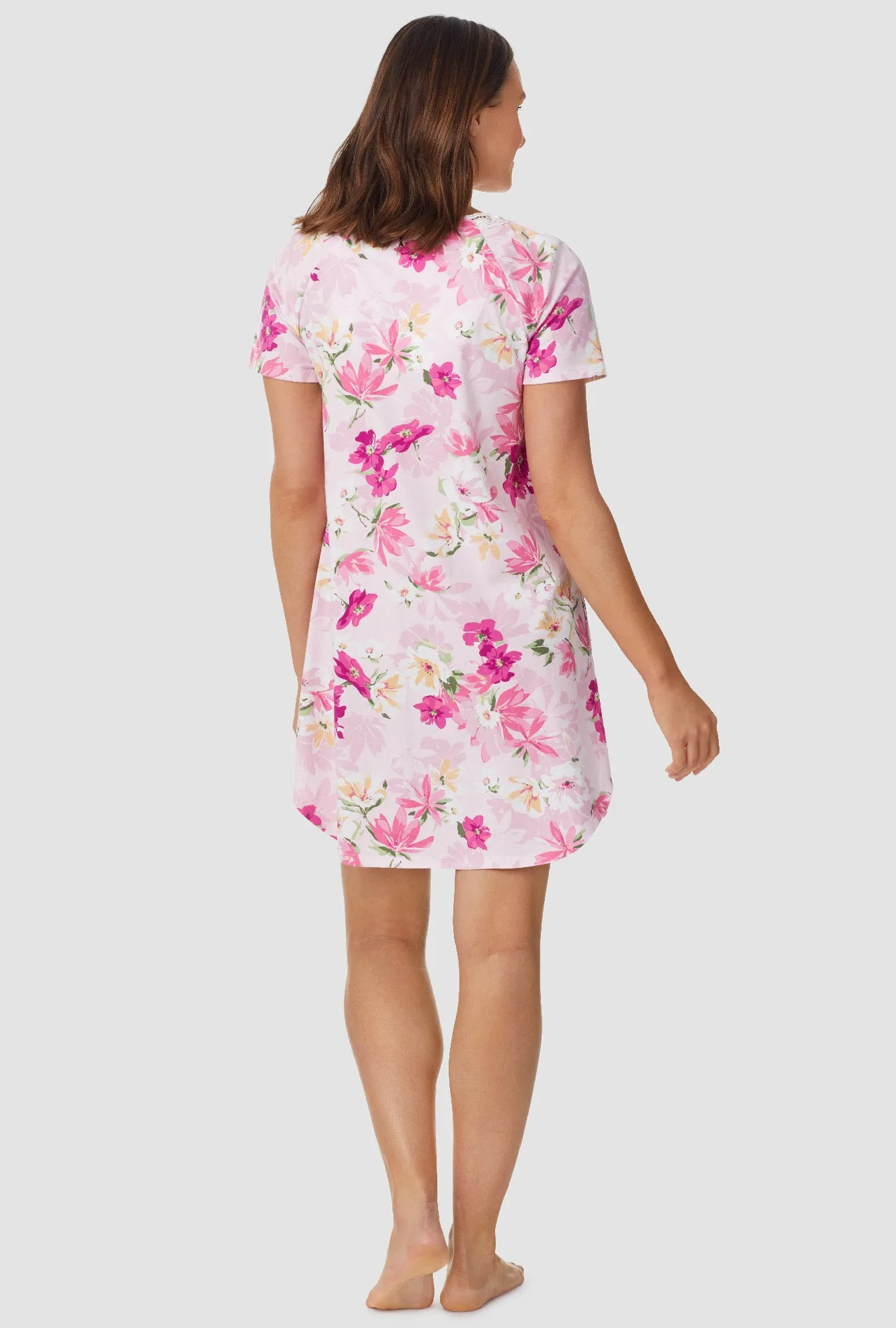 White and Magenta Floral Short Sleeve Nightshirt