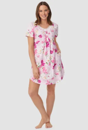 White and Magenta Floral Short Sleeve Nightshirt