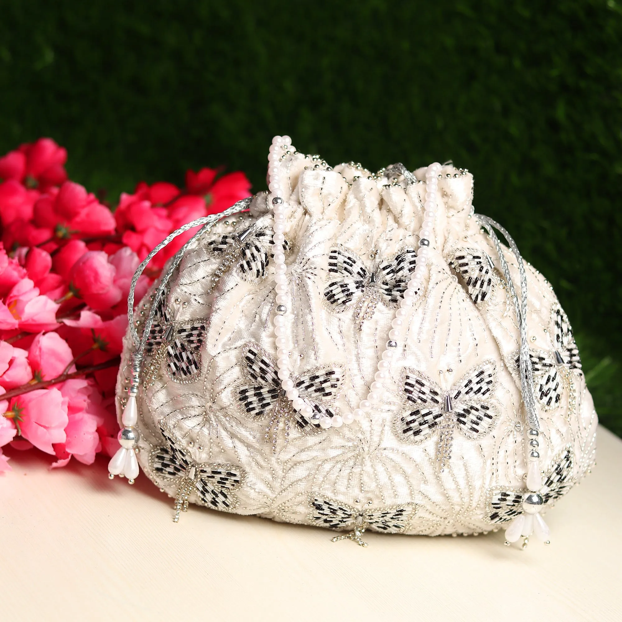 White Potli Bag, Designer Bag, Hand embroidered and Embellished with Swarovski Crystals