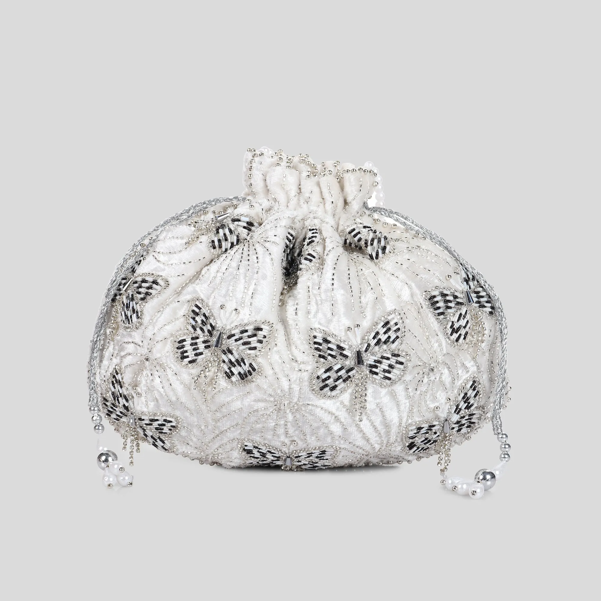 White Potli Bag, Designer Bag, Hand embroidered and Embellished with Swarovski Crystals