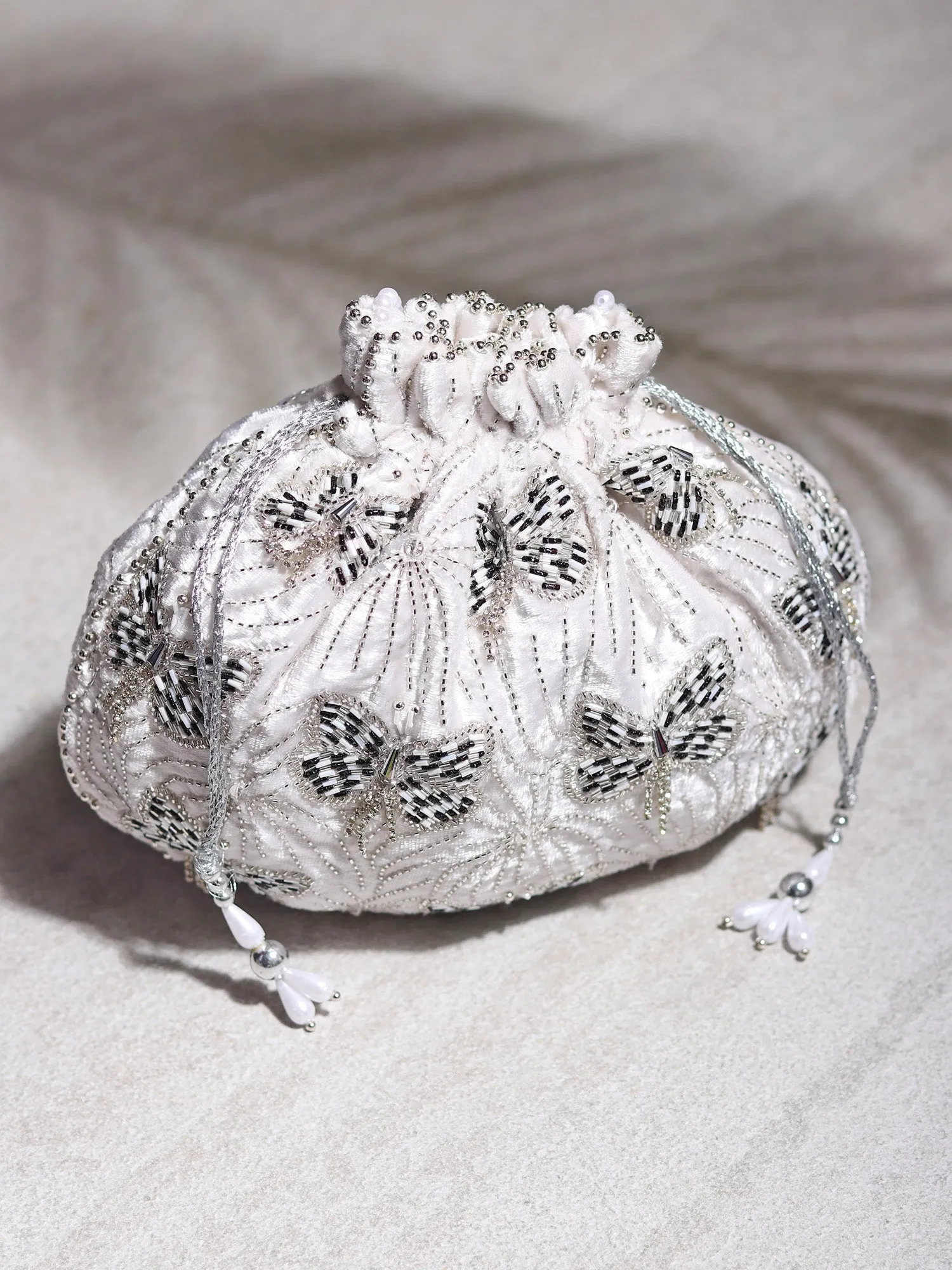 White Potli Bag, Designer Bag, Hand embroidered and Embellished with Swarovski Crystals