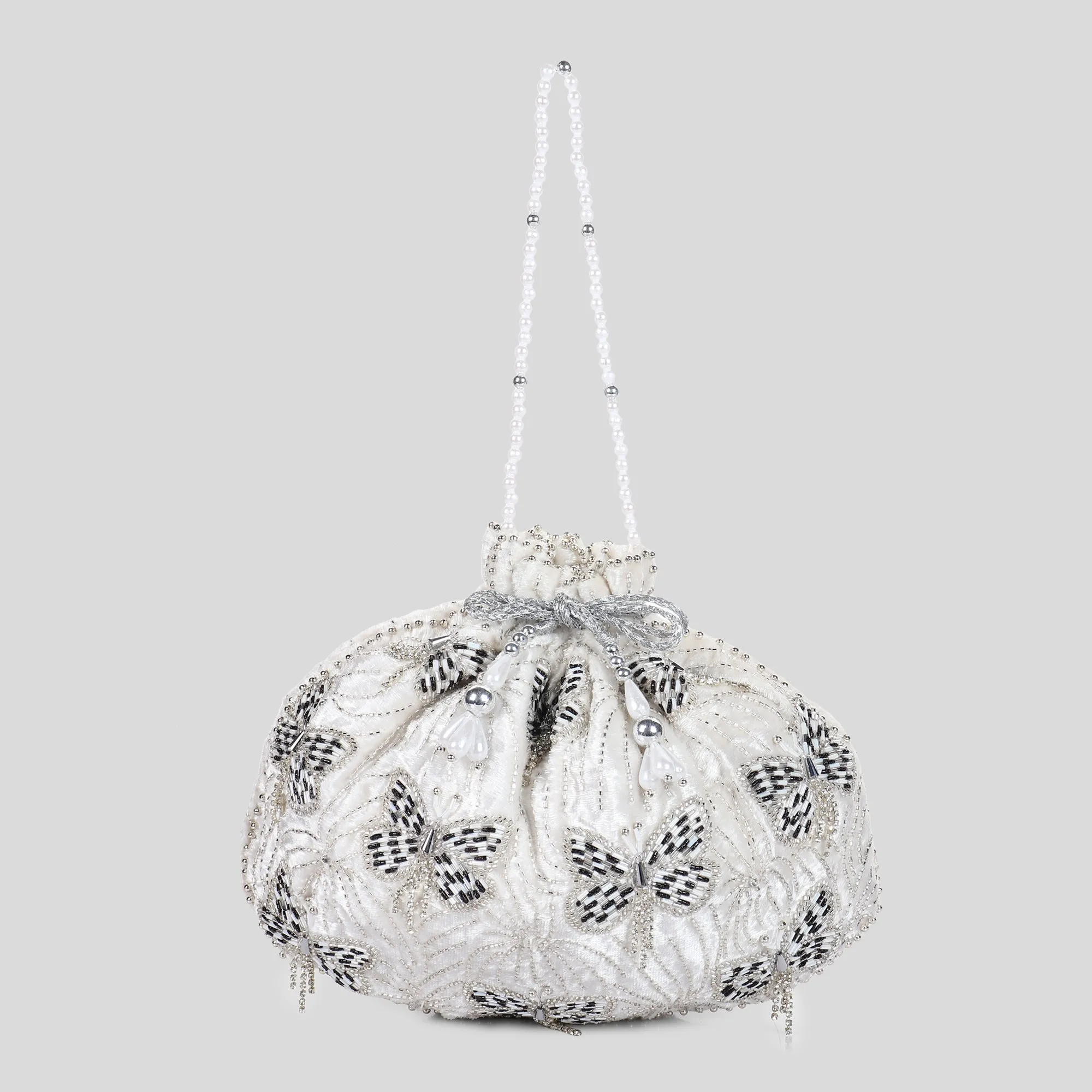 White Potli Bag, Designer Bag, Hand embroidered and Embellished with Swarovski Crystals