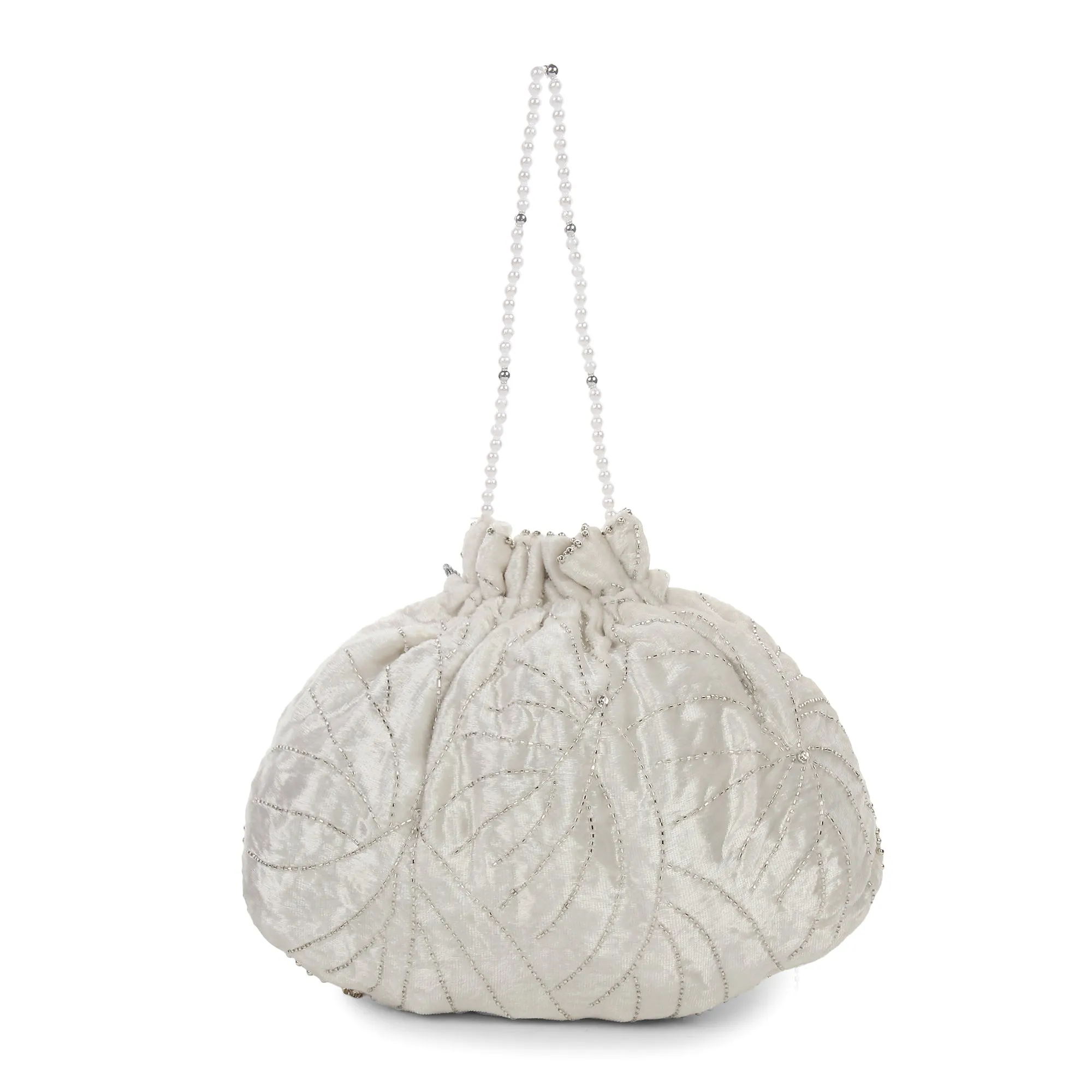 White Potli Bag, Designer Bag, Hand embroidered and Embellished with Swarovski Crystals