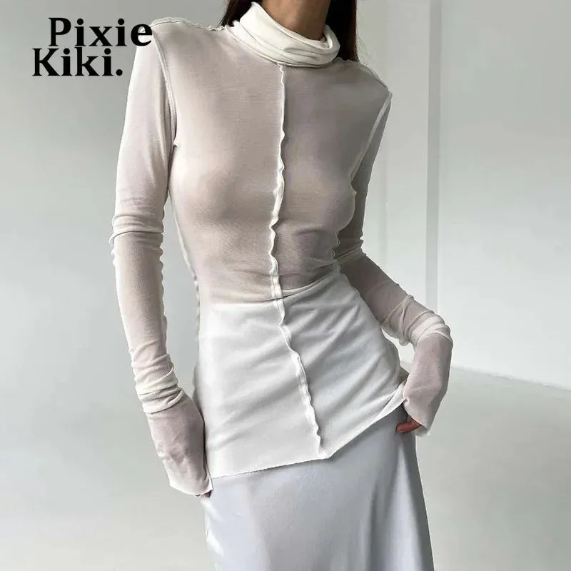 White Turtleneck Long Sleeve Top Women Clothes Autumn 2024 Fashion Sexy See Through T Shirts P83-BZ20