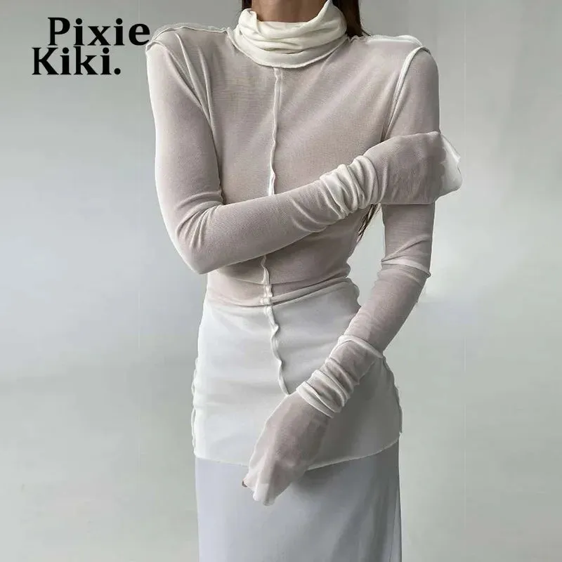 White Turtleneck Long Sleeve Top Women Clothes Autumn 2024 Fashion Sexy See Through T Shirts P83-BZ20