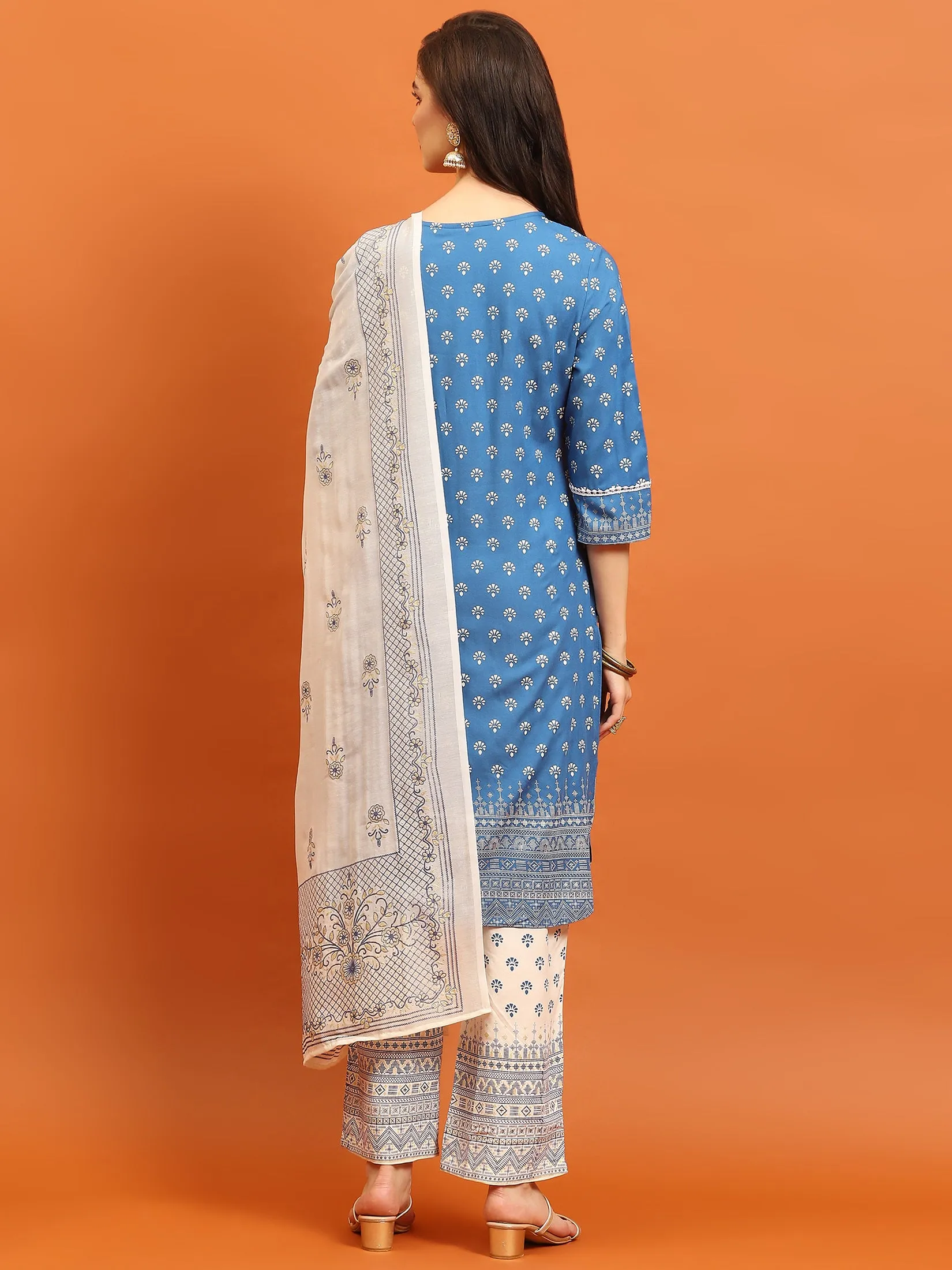 Women Blue Ornamental Printed Kurta Comfort Pant Dupatta