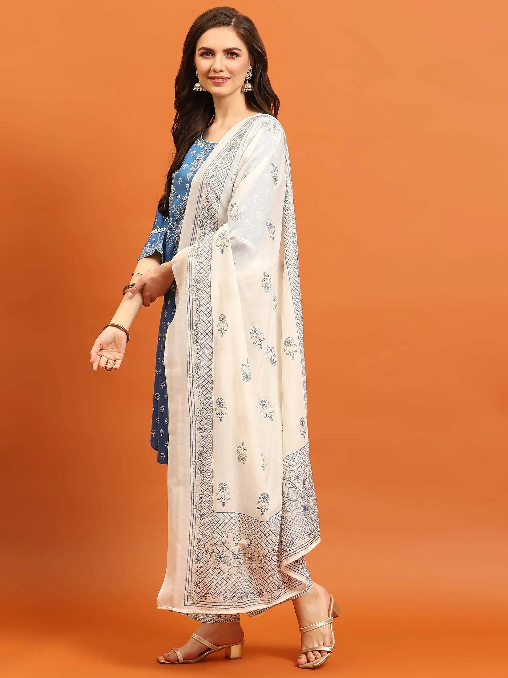 Women Blue Ornamental Printed Kurta Comfort Pant Dupatta