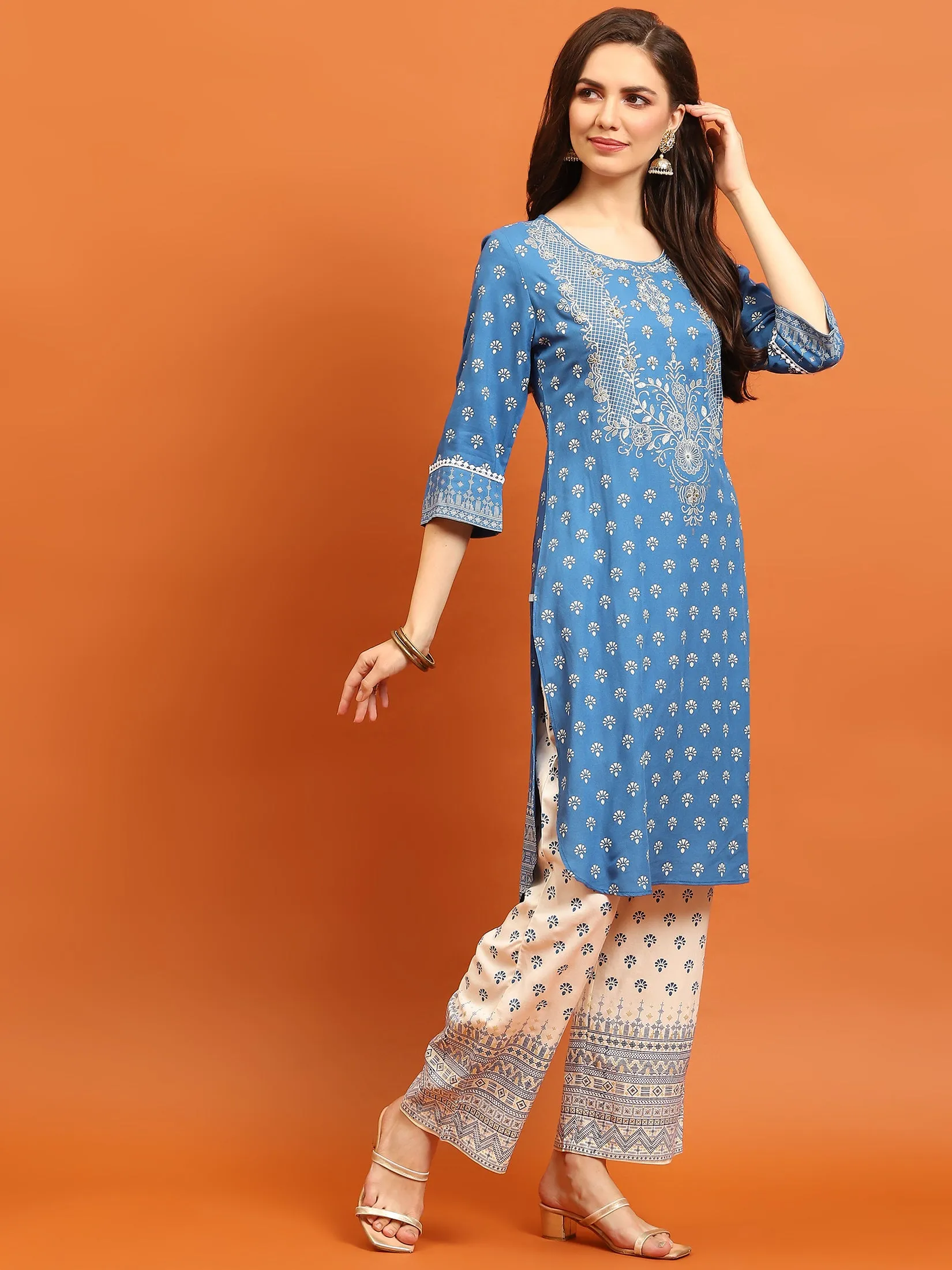 Women Blue Ornamental Printed Kurta Comfort Pant Dupatta