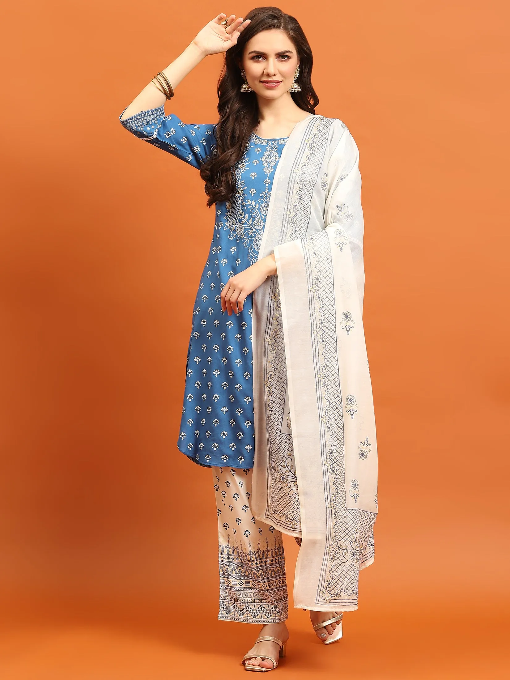 Women Blue Ornamental Printed Kurta Comfort Pant Dupatta