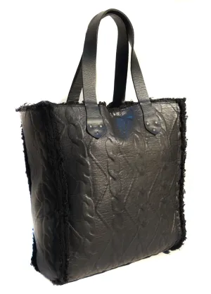 WOMEN CABLE KNIT BONDED TEXTURED LEATHER SHOPPER BAG