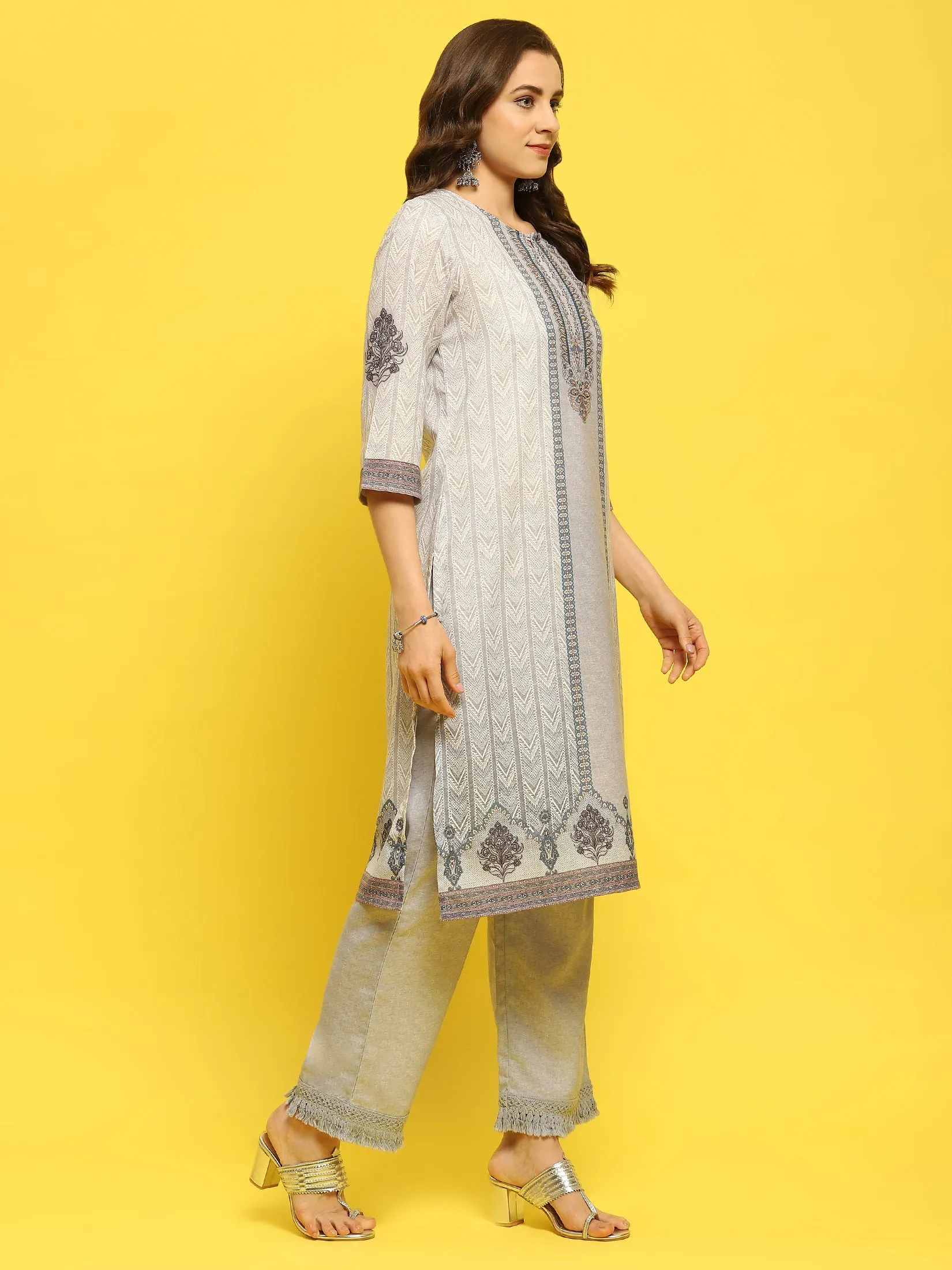 Women Cotton Grey Ornamental Print Kurta Comfort Pant Dupatta