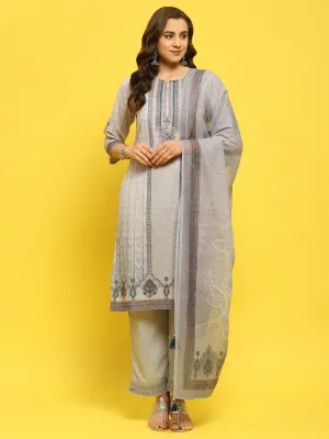 Women Cotton Grey Ornamental Print Kurta Comfort Pant Dupatta