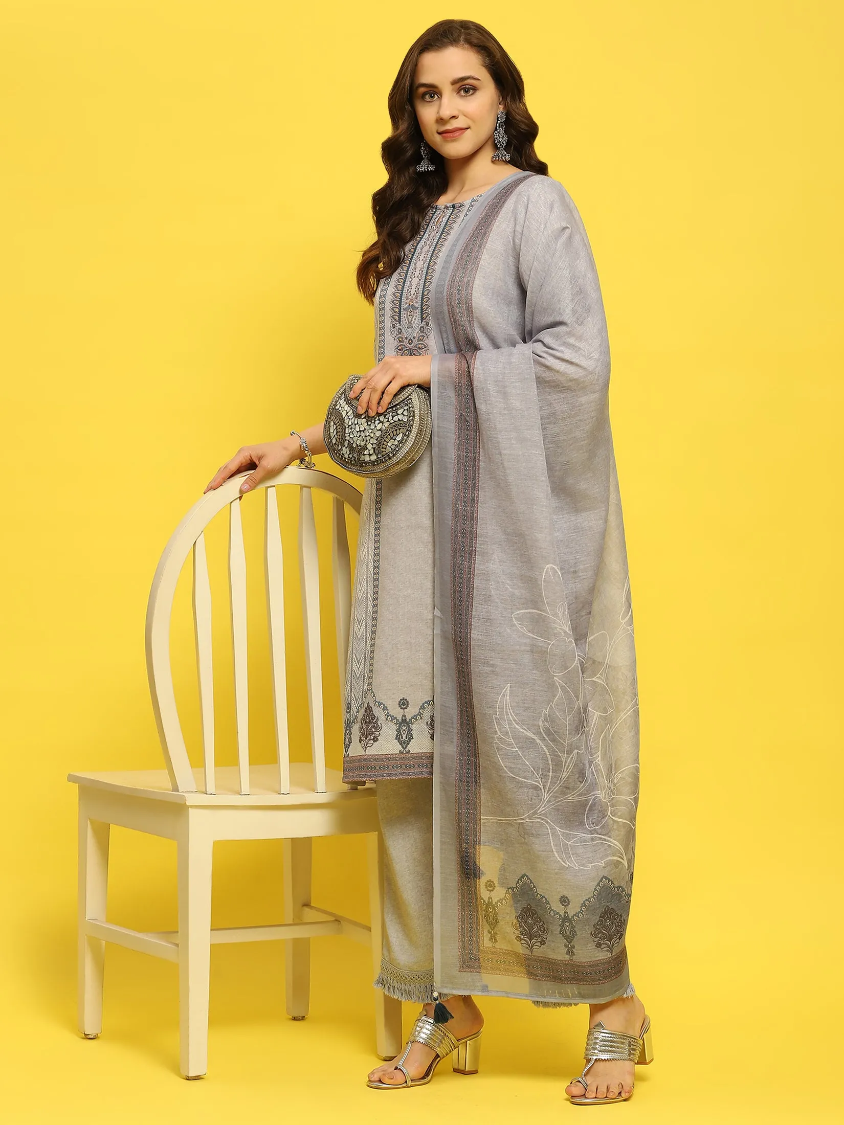 Women Cotton Grey Ornamental Print Kurta Comfort Pant Dupatta