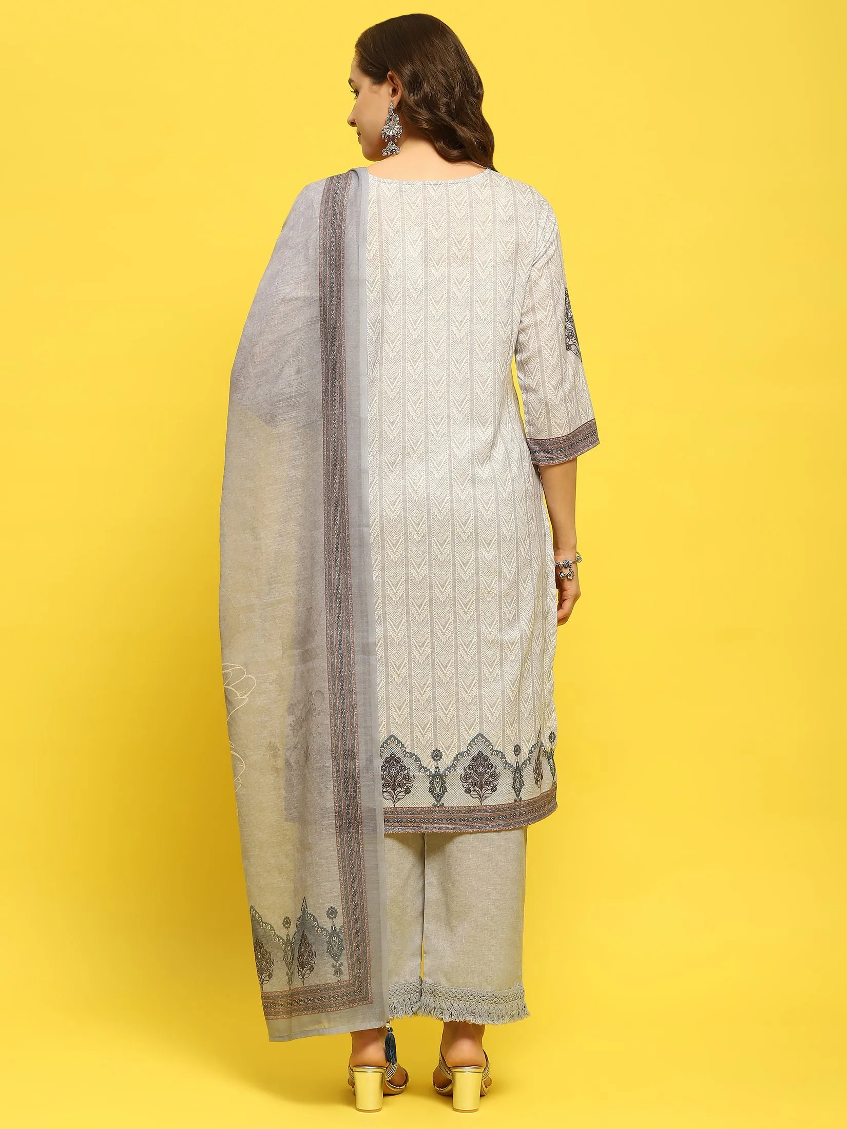 Women Cotton Grey Ornamental Print Kurta Comfort Pant Dupatta