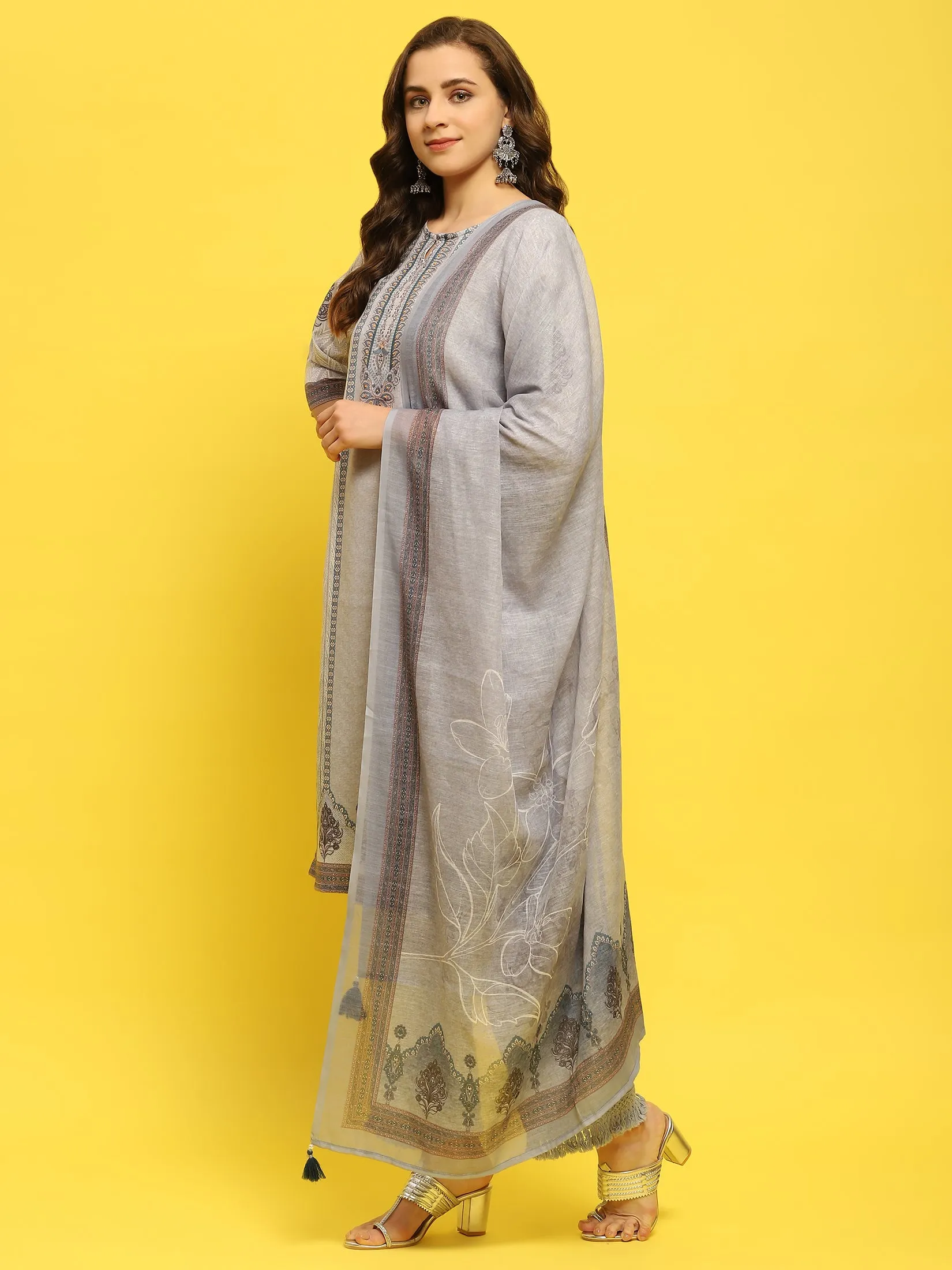 Women Cotton Grey Ornamental Print Kurta Comfort Pant Dupatta