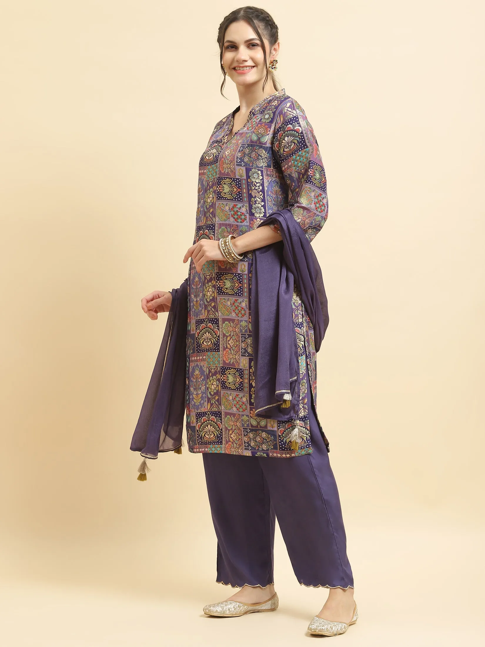 Women Jacquard Purple Ornamental Print Kurta Comfort Pant Dupatta