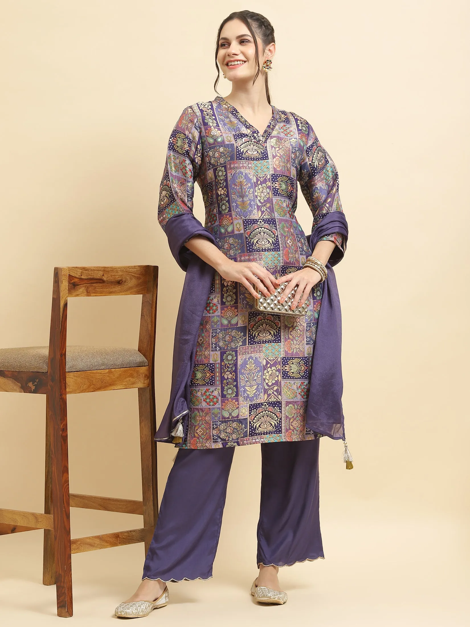 Women Jacquard Purple Ornamental Print Kurta Comfort Pant Dupatta