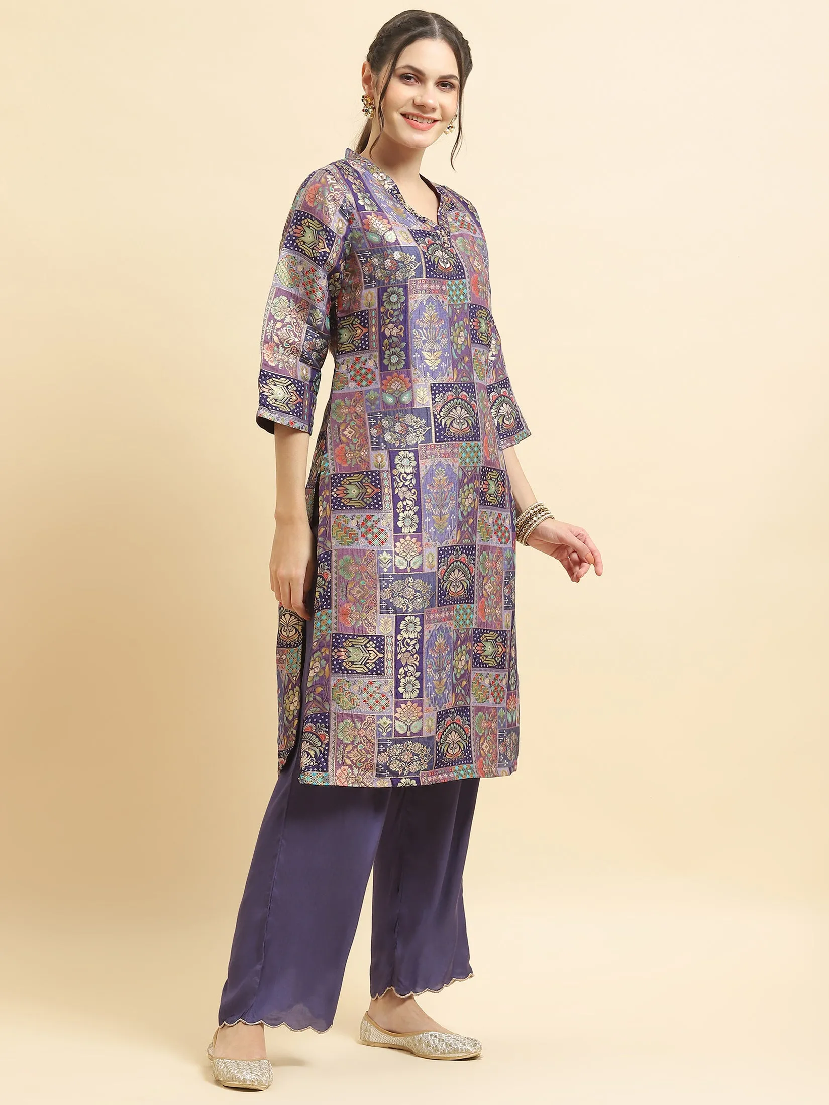 Women Jacquard Purple Ornamental Print Kurta Comfort Pant Dupatta