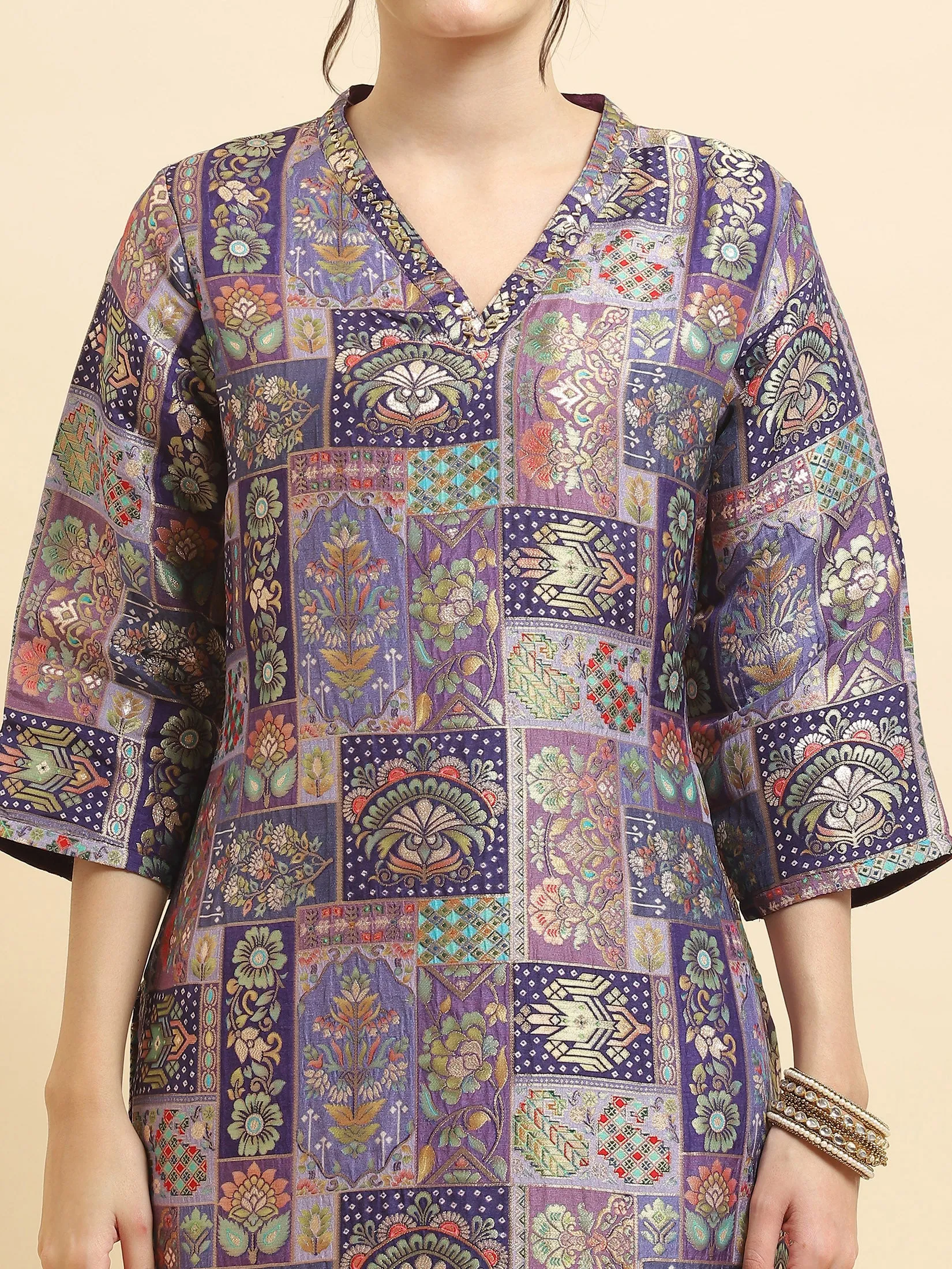 Women Jacquard Purple Ornamental Print Kurta Comfort Pant Dupatta