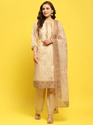 Women Liva Beige Ornamental Print Kurta Comfort Pant Dupatta