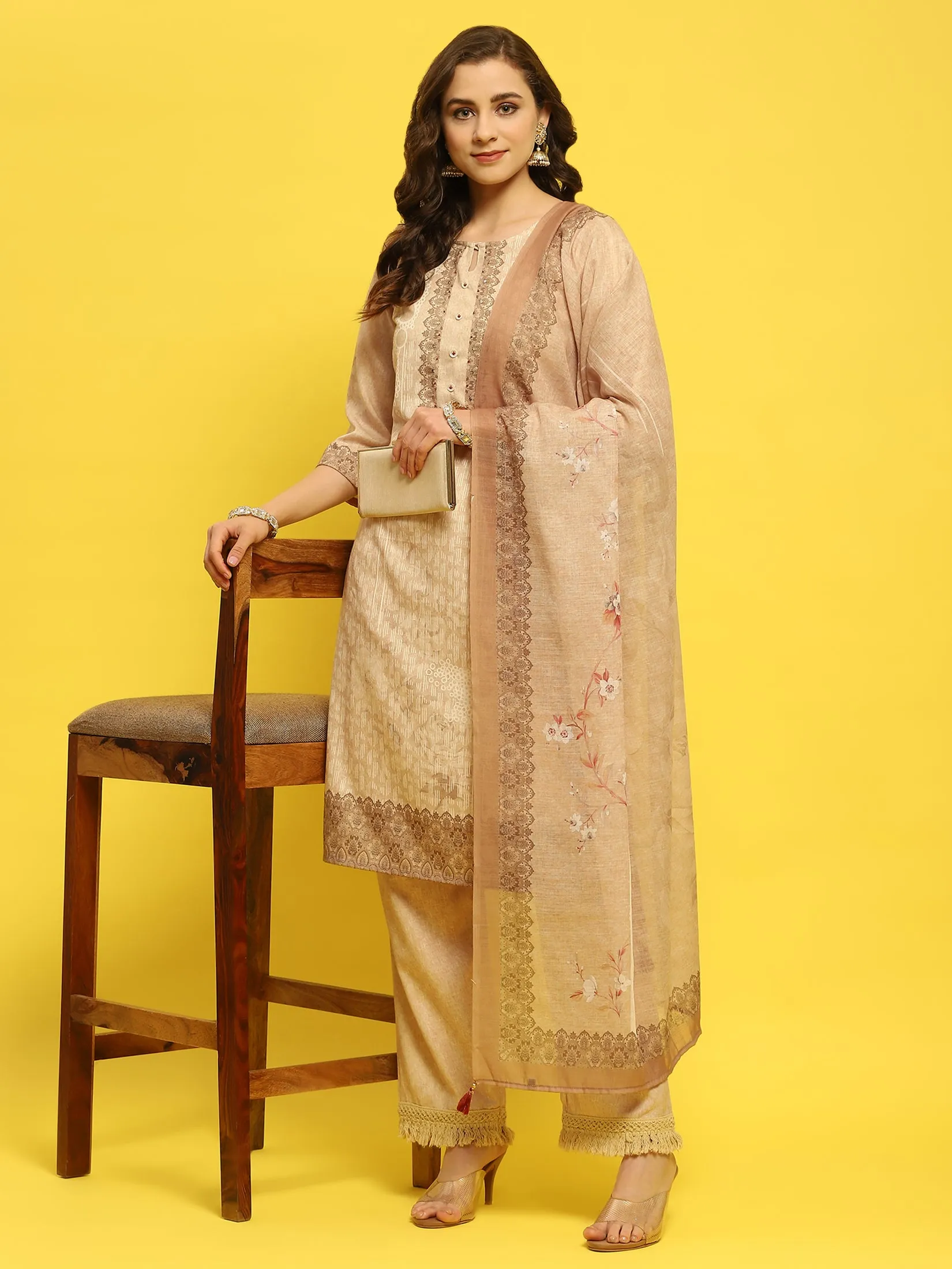 Women Liva Beige Ornamental Print Kurta Comfort Pant Dupatta