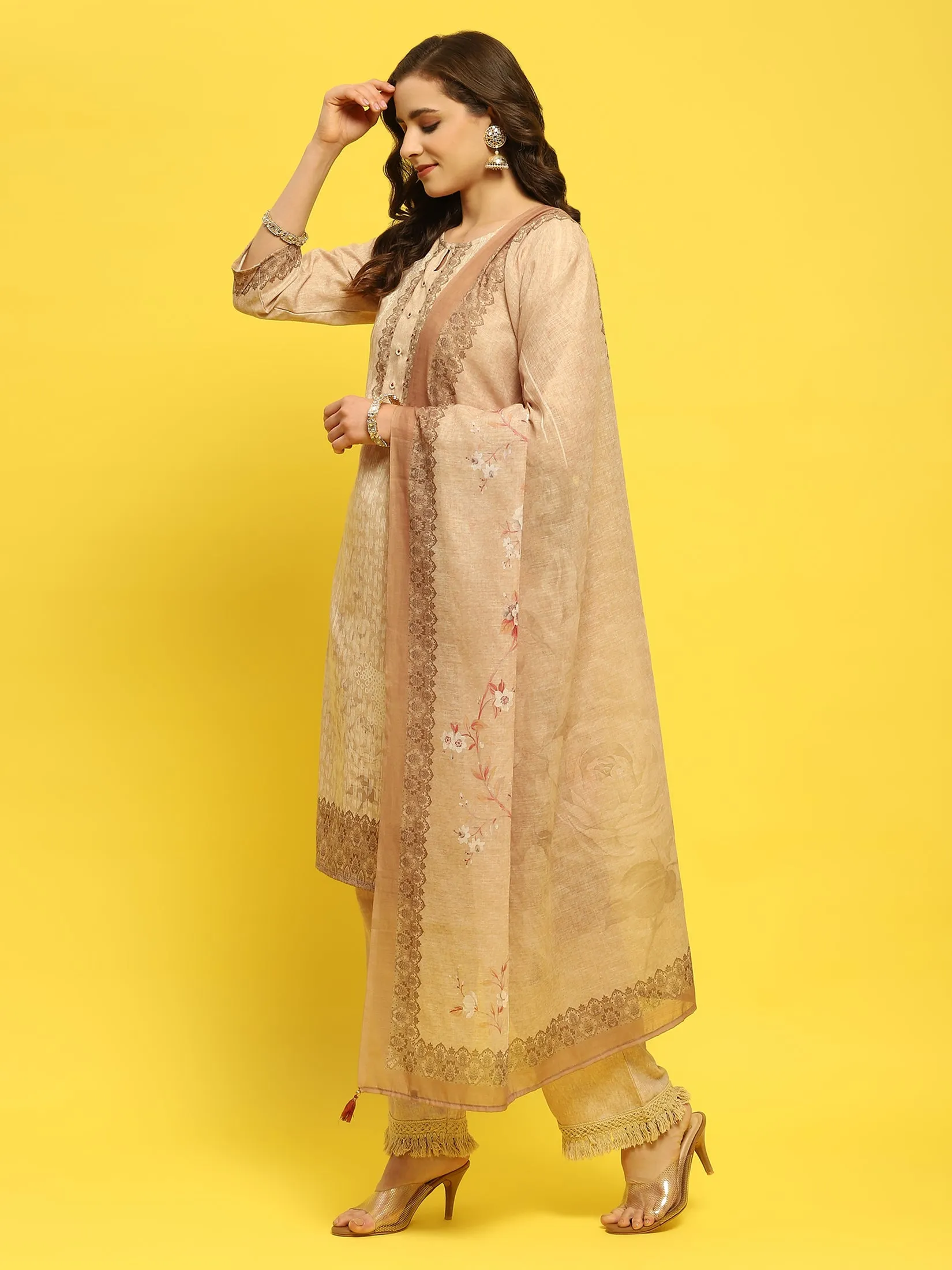 Women Liva Beige Ornamental Print Kurta Comfort Pant Dupatta