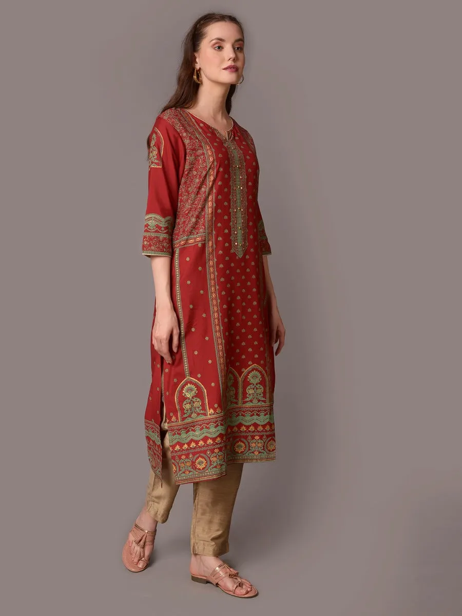 Women Maroon Round Neck Kurta