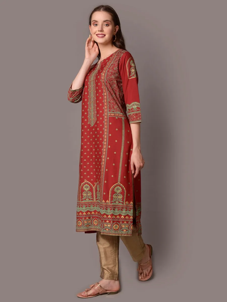 Women Maroon Round Neck Kurta