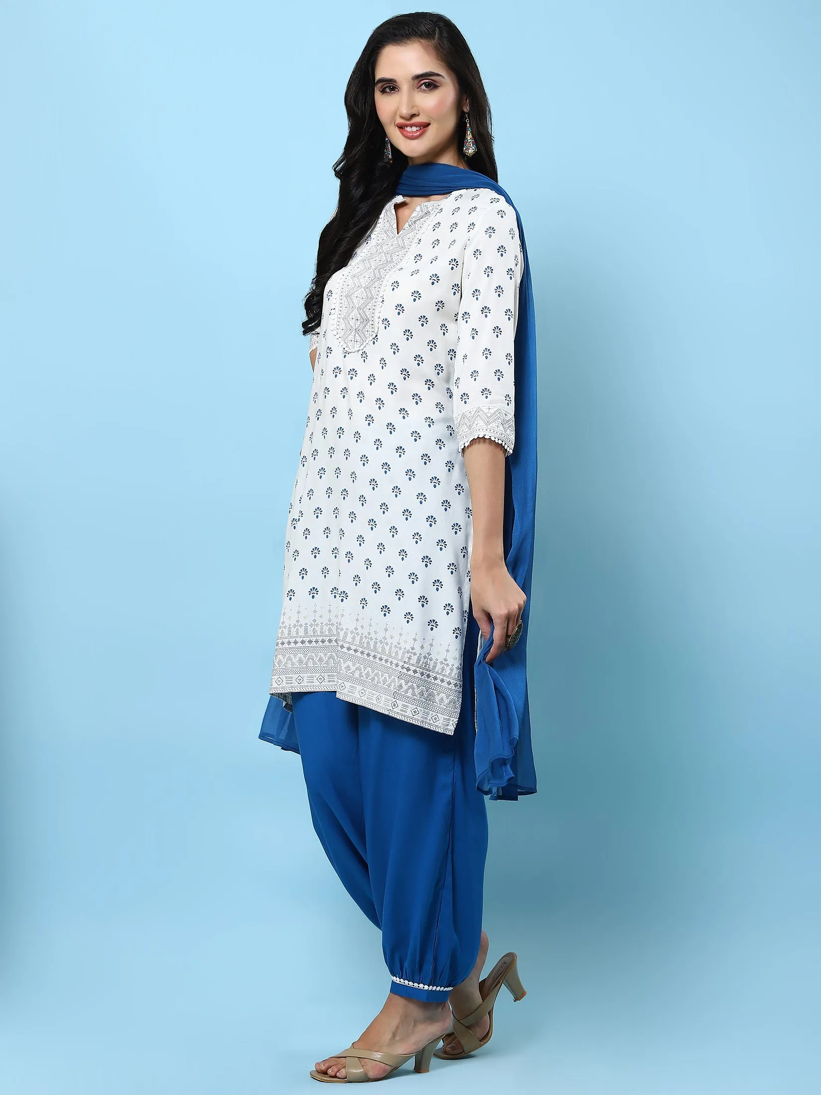 Women Off White Ornamental Printed Kurta Wide Pant Dupatta