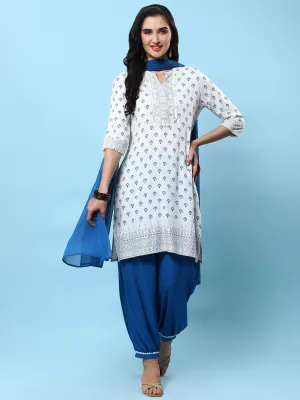 Women Off White Ornamental Printed Kurta Wide Pant Dupatta