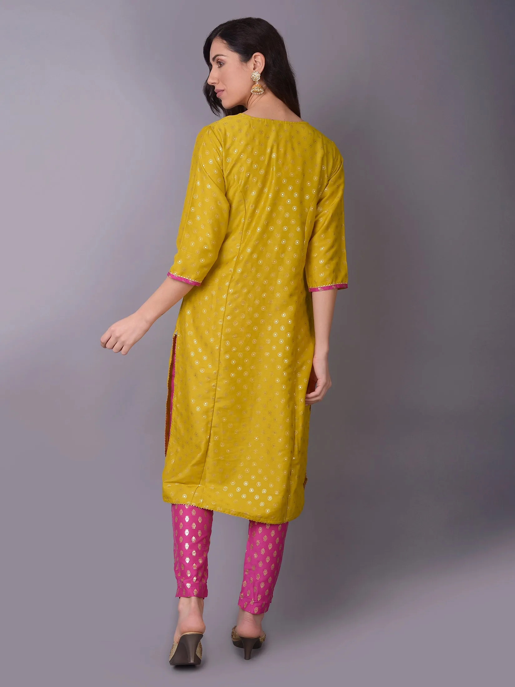 Women Yellow Ornamental Printed Kurta Trouser Dupatta