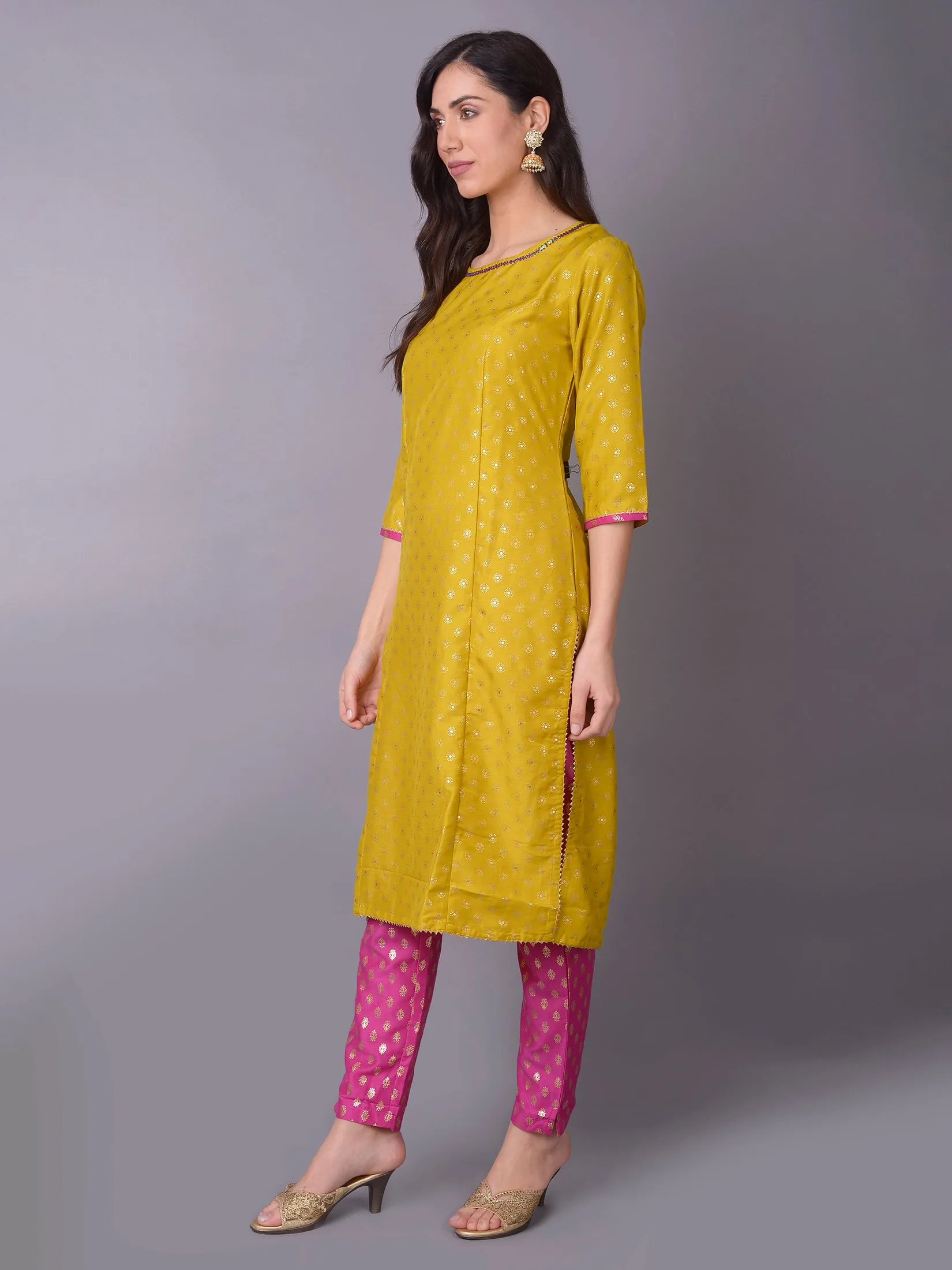 Women Yellow Ornamental Printed Kurta Trouser Dupatta