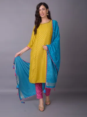 Women Yellow Ornamental Printed Kurta Trouser Dupatta