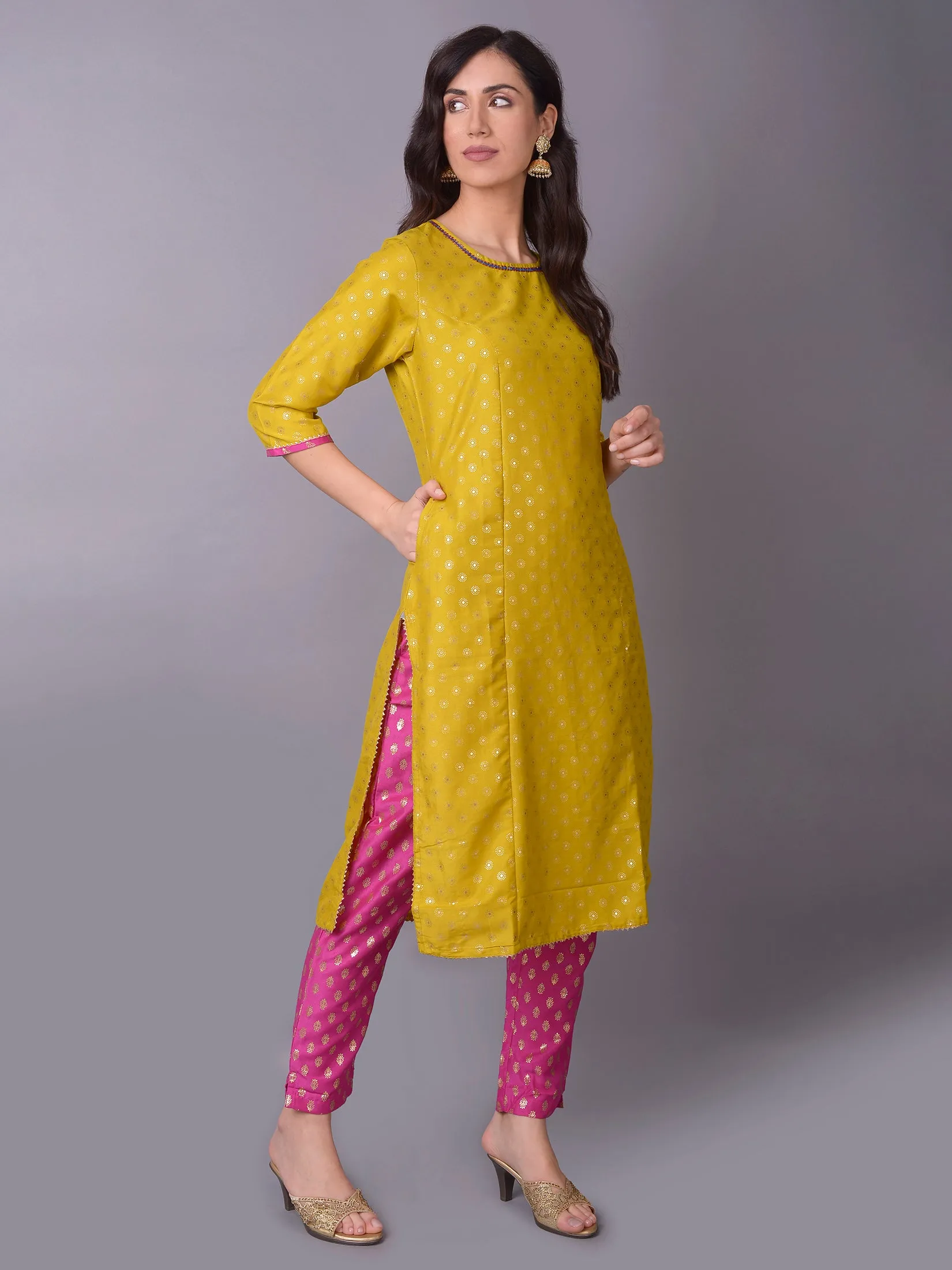 Women Yellow Ornamental Printed Kurta Trouser Dupatta