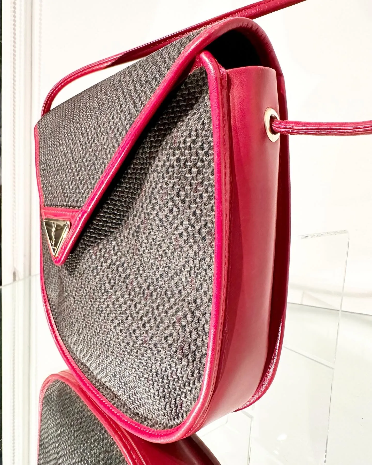 YVES SAINT LAURENT Vintage Red Leather Woven Coated Canvas Crossbody Bag